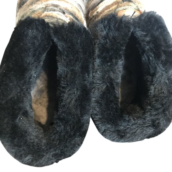 LAMO JUAREZ Sheepskin & Textile Fold Over Bootie Slippers Womens 7 Black/Brown - Picture 3 of 11